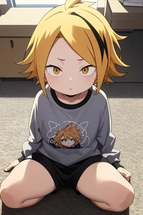  masterpiece ,  better quality ,  lyrics, 1 , Alone, male focus,  looking at the spectator ,  upper body, Kaminari_thank you, blonde hair,  multicolored _hair,   toddler, curious,  sitting on the floor , mirada: curious