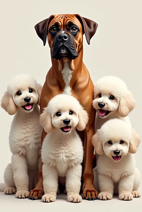 Brown boxer dog with four white poodle dogs 