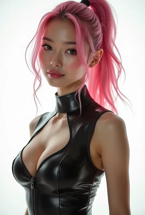 Sexy leather costume、Young Japanese model、Erotic、ultra detailed celebrity makeup、pink hair、beautiful smile、high definition ponytail、Erotic look、bright white background