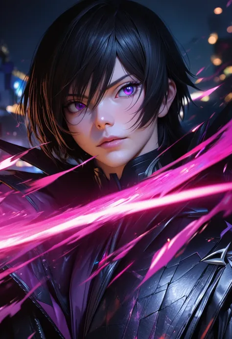 high quality, best quality, 4k, 8k, hyperdetailed, extremely detailed, masterpiece, photorealistic, physically-based rendering, sharp focus, vivid colors, anime, man with short black hair, pruple eyes, , lelouch lampeourge,  at night