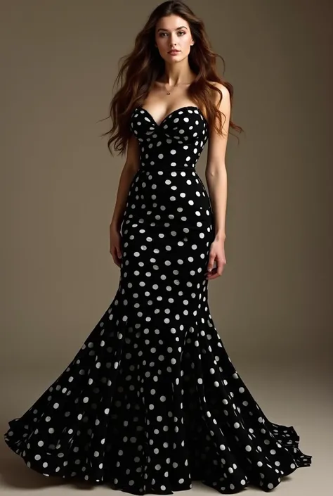 A beautiful brown-haired woman in a tall black dress with white dots and then another image with the same woman but fat