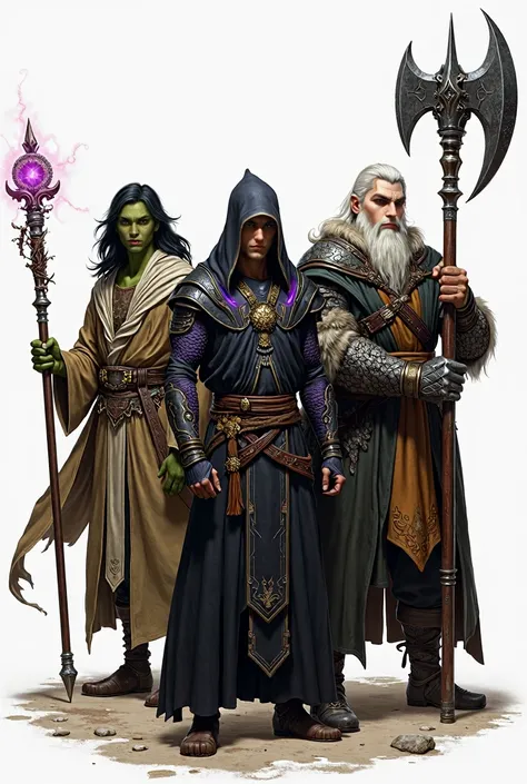 FOUR CHARACTERS, FOUR WARRIORS Create an image of a dynamic group of four distinct adventurers, each in their own heroic pose, standing separately. The first is Hank, a slender green-skinned half-orc mage holding a classic staff with a glowing gem at its t...