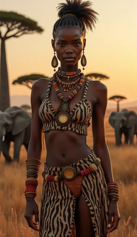  A superhero inspired by the African savannas .  Her clothing is made of tribal patterns that resemble the skins of animals such as zebras and cheetahs,  and their accessories are decorated with colorful beads .  She has the power to communicate with anima...