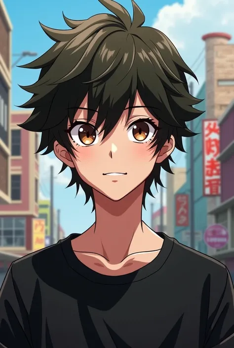  Boku no hero academia style, a 18 year old pretty boy, hourglass, slim. White skin. FLAT CHEST. Hair is messy long brown hair, long hair down to the nape of the neck, with bangs on the face. Eyes Brown, long eyelashes, clothing black. Neutral expression, ...