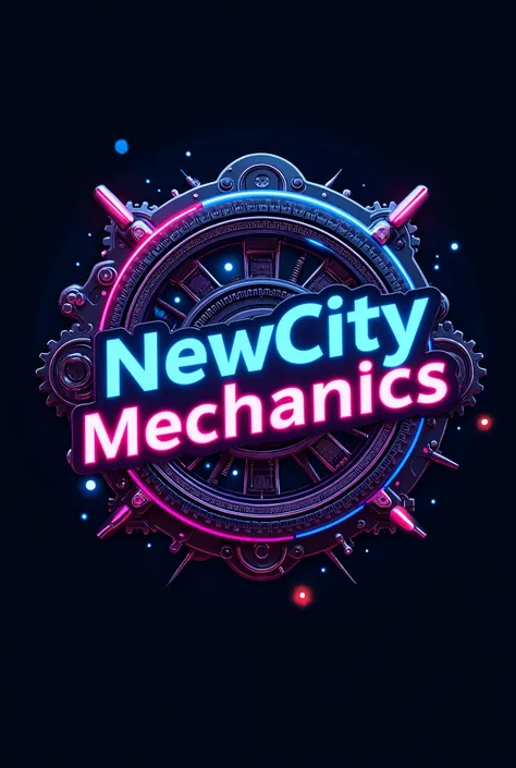 Make me a logo that features NewCity Mechanics in neon blue and pink colors with mechanical details