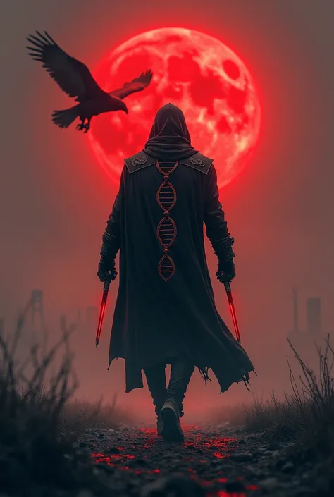 Un assassin de dos sur la photo inspiré de la saga assassins Creed, marchant vers lhorizon dans un décor apocalyptique avec une lune de sang dans le ciel. Il a des dagues courtes aux reflets rouge dans les mains et un dessin représentant les branches de lA...