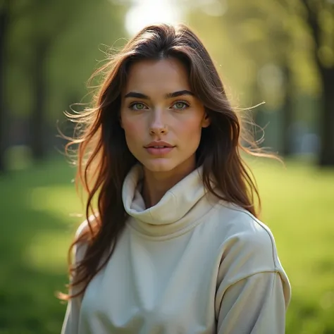 beautiful girl, european appearance, in a sweatshirt to the neck, photo to the waist, park in the background