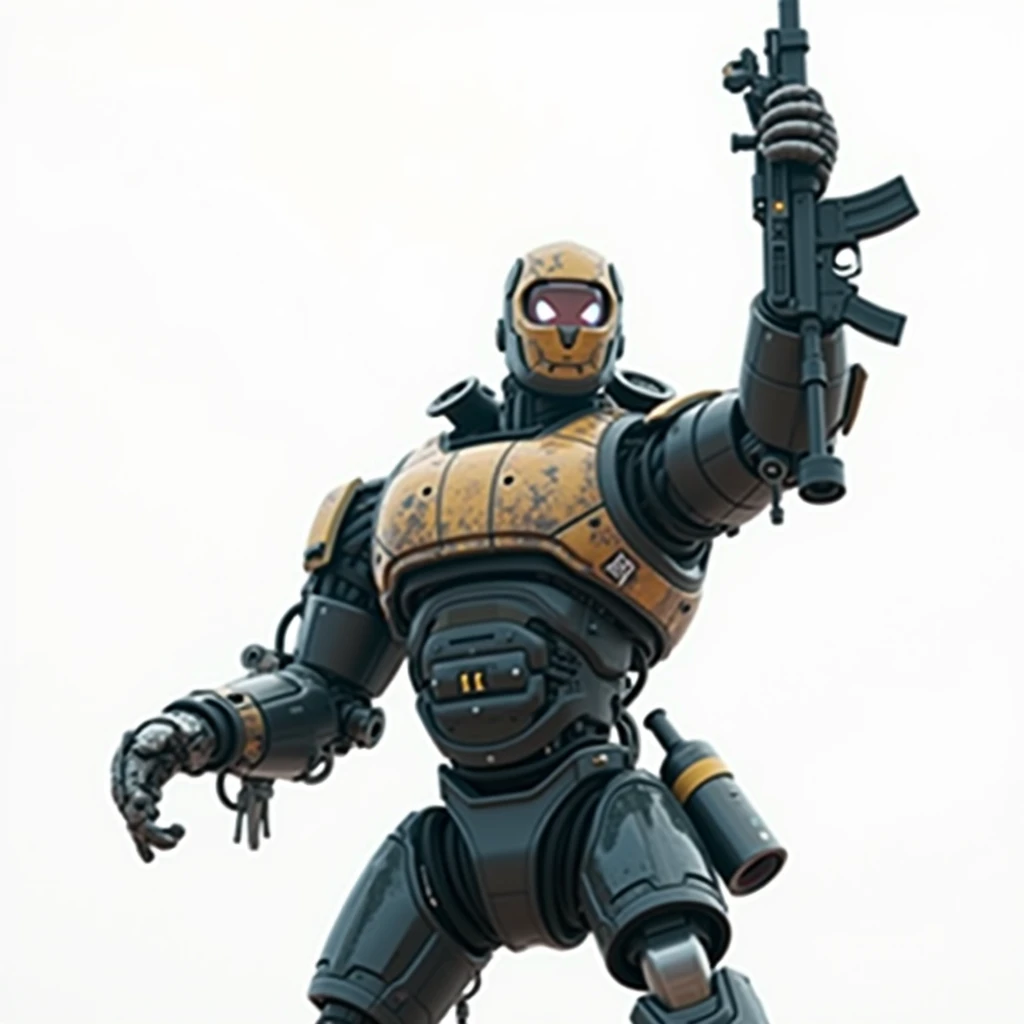 Robot, military robot, cylindrical head, shiny metal, worn and scratched metal, one eye, camera eye, glowing eye, cyber face, glass face, ballistic vest, military pants, pistol on waistband, knife on waistband, gun in hand, M4 weapon in hand. Landscape: de...