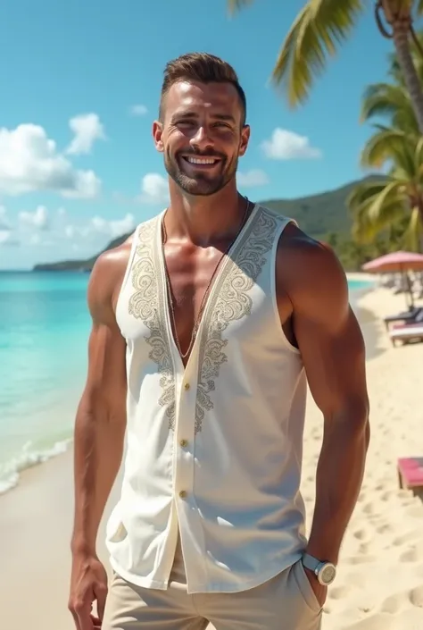 Man wearing a beautiful shirt on the beach white tank top