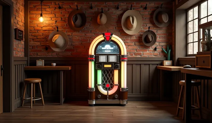 A classic jukebox in the center, against a worn brick wall, with cowboy hats hanging on hooks, in a Honky Tonk style bar.