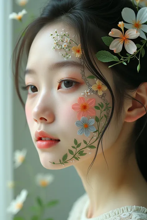 Girl with flowers and nature makeup on her face  , all over her face with drawings of flowers and nature and fauna all over her face 
