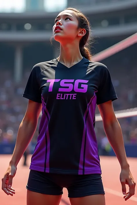 Volleyball jersey in black with purple gradient and a volleyball player who attacks on the net and the name TSG Elite on it