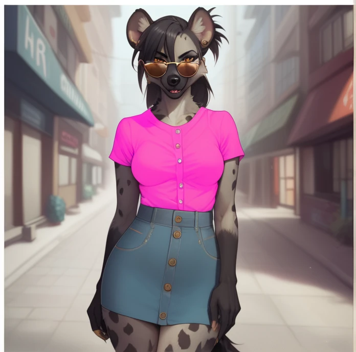   female anthropomorphic grey-haired hyena ,   with long black hair ,   with bangs on the front  ,   light gray fur from the front of the neck and down the front to the inner thighs,   black fur from her forearms and calves down  ,  dark black spots  ,   a...