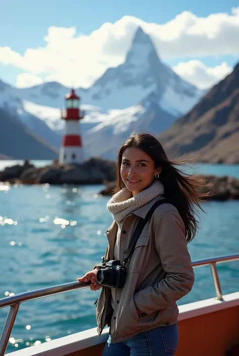 Ultra-realistic image of a woman with long, dark hair styled casually, embodying the essence of a travel blogger, standing aboard a small excursion boat in Tierra del Fuego. She is dressed for the mild yet crisp weather, wearing a light jacket, scarf, and ...