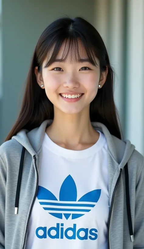 Japanese woman wearing an adidas t-shirt wearing a headshot half-zipper hoodie