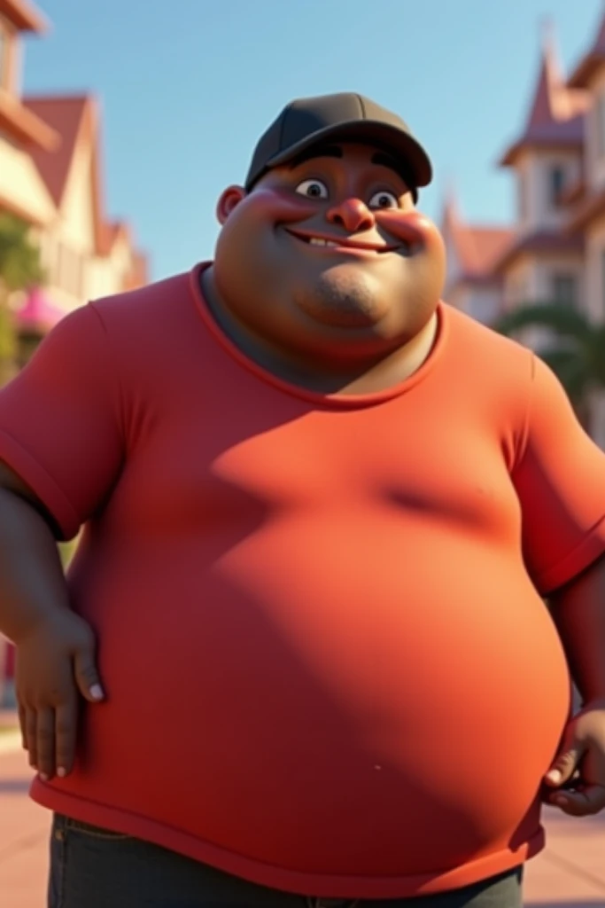  Create a chubby man with brown skin wearing a black cap, black eyes, a big double chin, a red t-shirt without a beard and looking straight ahead.
Disney Pixar style image y 