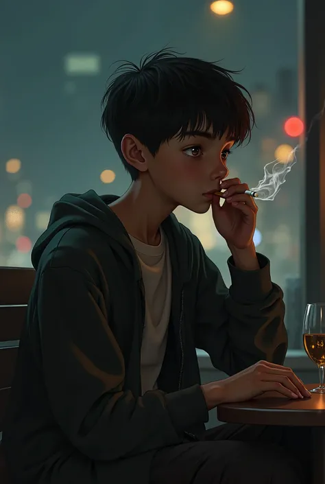 A boy smoking and thinking