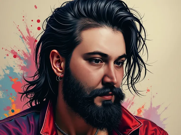  Portrait of a brutal guy with slightly long black hair combed back, black short beard, painted in Dream Art ,  style, spots and splashes against a background of different colors , , the portrait is picturesquely painted with sweeping strokes of paint 