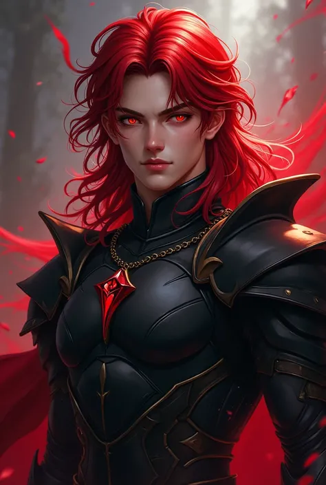  Handsome manly man, with natural expressions, that looks natural, young, wicked, with well-defined amber eye features,  long crimson hair with completely black armor , Wattpad-style fanart version