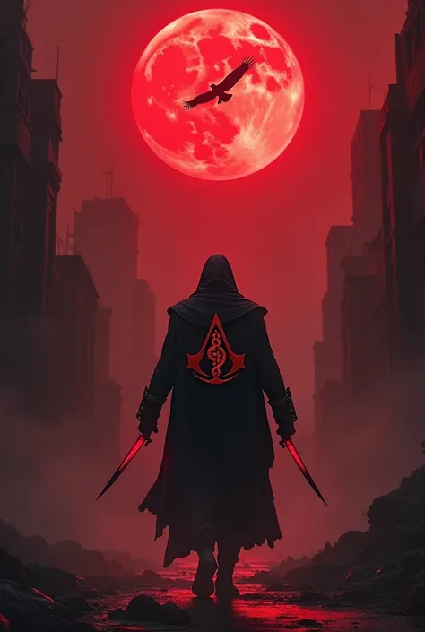 Un assassin inspiré de la marque Assassins creed marche dans une ville en ruine. Il fait nuit et la lune est teintée en rouge. Lassassin possède deux dagues courtes dans chaque main qui ont un reflet rouge.
Sur sa cape dans son dos on voit limage des branc...