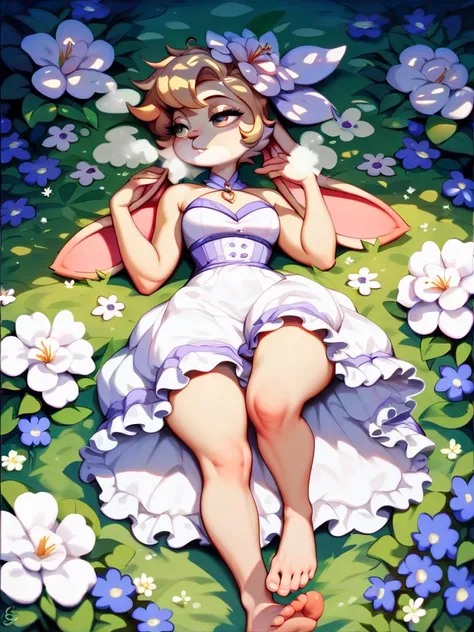 A very beautiful flower garden ... a lot of white flowers with a wonderful scent , coquettish rabbit girl , (lying back) , Disheveled clothing ,  steamy breath , looking away , Show the soles of feet , Elevate legs , Fluttering Dress