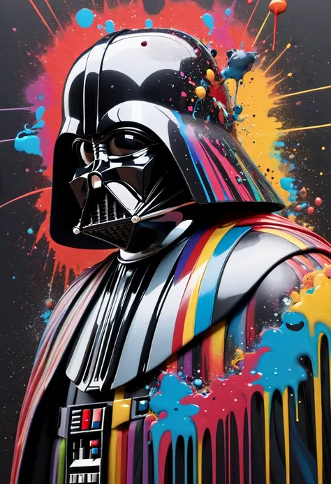 Face Darth Vader Personagem de Star Wars,masterpiece, splash art, rich and colorful, rich and colorful splash art, Drop、Scattered paint painting, magician,Stylized abstract portrait of  Street graffiti paint 3D