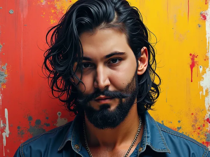  Portrait of a brutal guy with slightly long black hair combed back, black short beard, painted in Dream Art , spots and splashes against a background of different colors are stylized in a stylized Italian street, , the portrait is picturesquely painted wi...