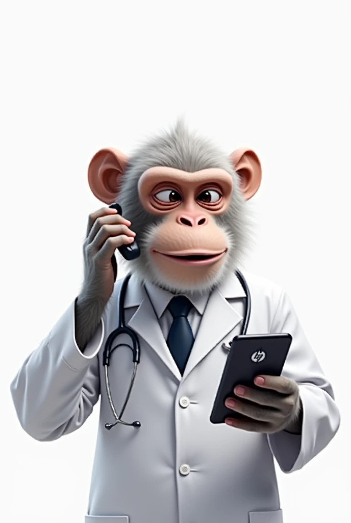 Doctor monkey is on the phone with hp. Background nya putih 