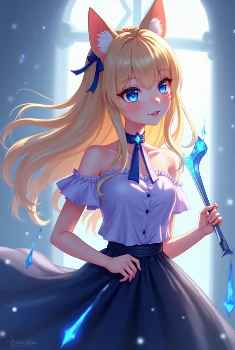 Anime Girl Blue Eyes  , blond , Cat ears , Lila Neckholder Top ,  Black skirt with a magician staff that glows blue at the top, 