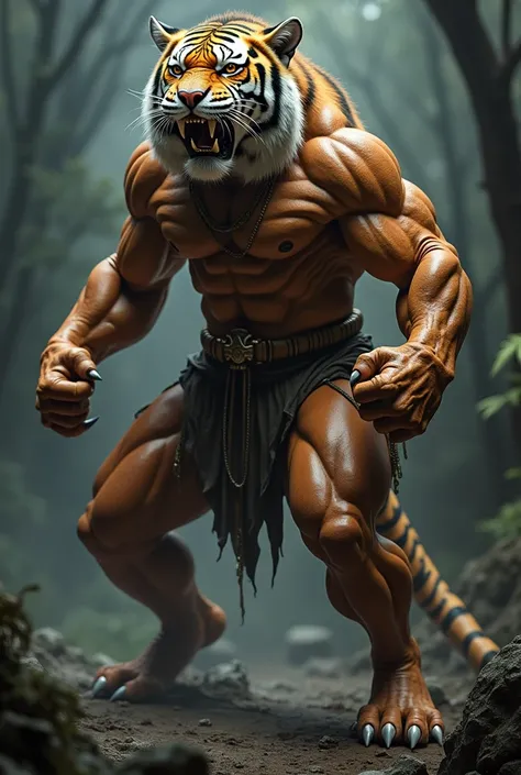 Make a muscular human with the head of a tiger 