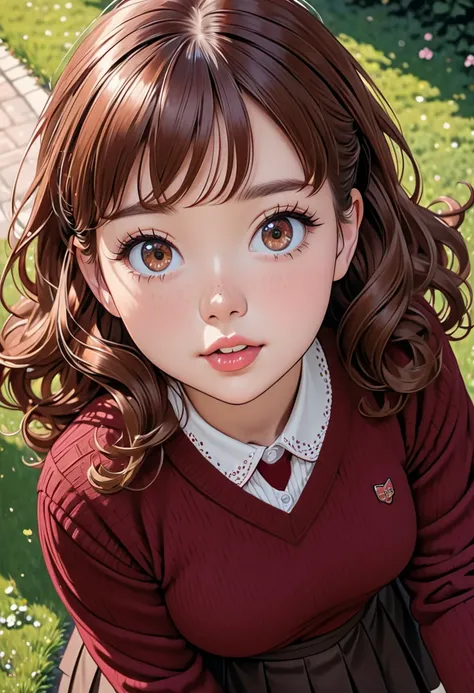 illustration, detailed illustration, ultra detailed, dynamic angle, 1girl, medium brown hair, wavy hair, big brown eyes, light freckles, cute, large breasts, burgundy sweater, black pleated skirt, burgundy hose, biting lower lip