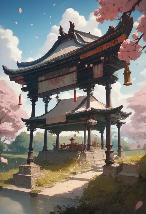 Absurd,  highres icon,  ultra detailed ,  beautiful ,  masterpiece,  best quality ,ancient temples ,  lush gardens , bright colors,  quiet ponds ,  traditional architecture, Cherry blossoms