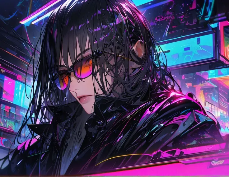  very detailed,  high definition ,  absurd, Tall, high definition , Long face, sunglasses, black hair, no bangs ,loose shoulder-length perm hair, Very Short, short hair,modern, neon,only one man ,Very handsome,  black coat