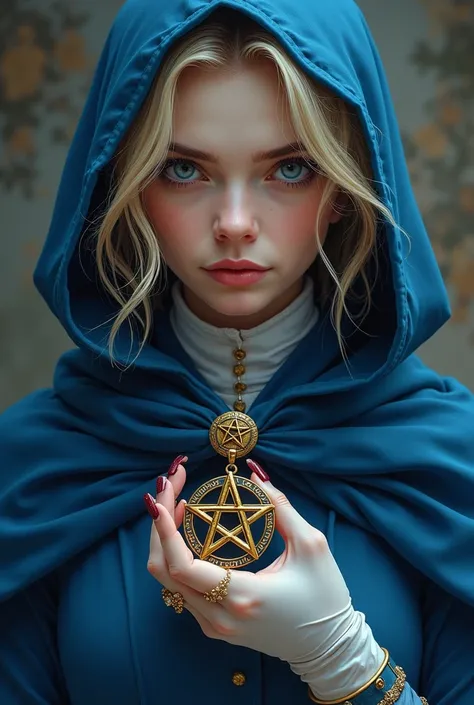 une main de femme à la peau blanche serre un médaillon avec un pentacle dessus en le cachant derrière sa toge bleu ciel. cest une femme de quarante ans, magicienne, blonde aux yeux bleus.