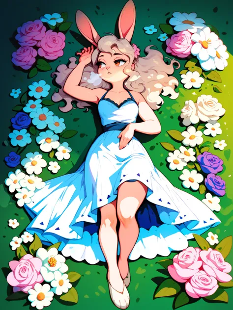 A very beautiful flower garden ... a lot of white flowers with a wonderful scent , coquettish rabbit girl , (lying back) , Disheveled clothing ,  steamy breath , looking away , Elevate legs , Fluttering Dress