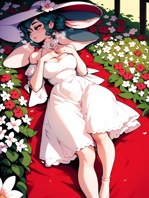 A very beautiful flower garden ... a lot of white flowers with a wonderful scent , coquettish rabbit girl , (lying back) , Disheveled clothing ,  steamy breath , looking away , Elevate legs , Fluttering Dress