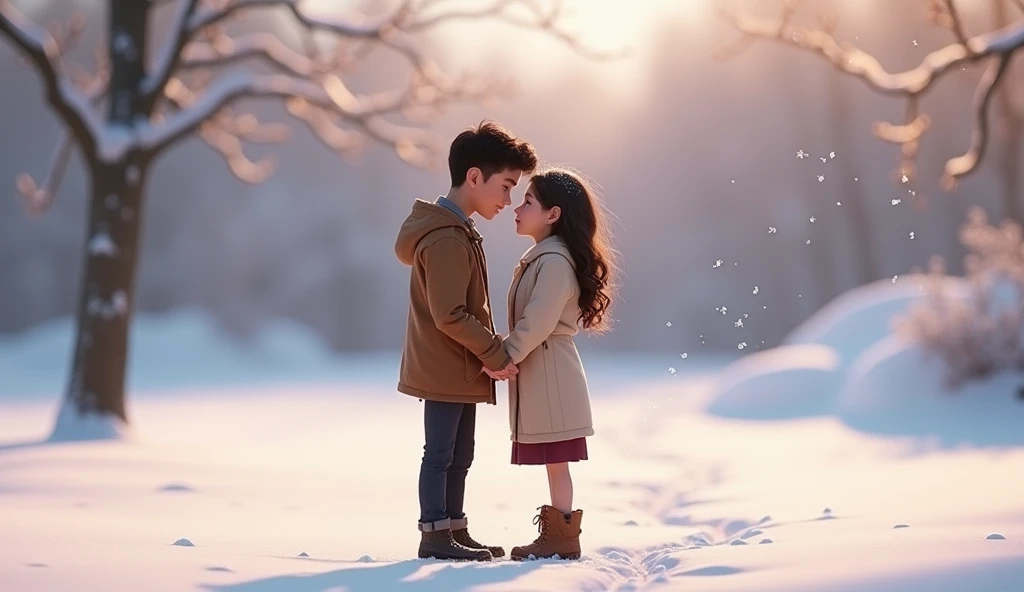  a man whispering in a womans ear,  both wear simple clothes but with jackets , they are in a snowy environment ,  and they step on the snow wearing their boots , Pixar style