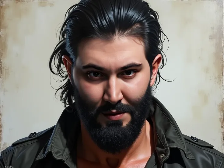  Portrait of a brutal guy with slightly long black hair combed back, black short beard, professionally painted oil portrait ,  picturesquely made with sweeping strokes of paint