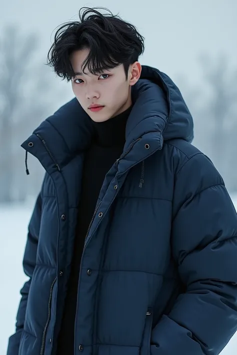 A beautiful teenage boy with medium hair, a Korean hairstyle, wearing a very layered dark blue winter jacket with plain black cloth pants. 