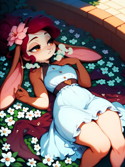 A very beautiful flower garden ... a lot of white flowers with a wonderful scent , coquettish rabbit girl , (lying back) , Disheveled clothing ,  steamy breath , looking away , Elevate legs , Fluttering Dress