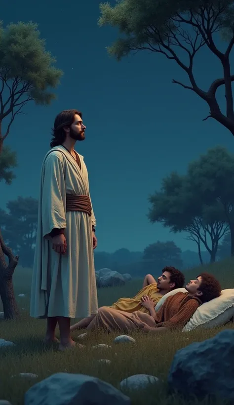 Create a white-skinned young man ,  hair down the middle of the neck , brown color and beard ,  dressed in white robes biblical times style, standing looking disappointed at three men who are lying asleep in the field with trees and rocks,  dressed in colo...