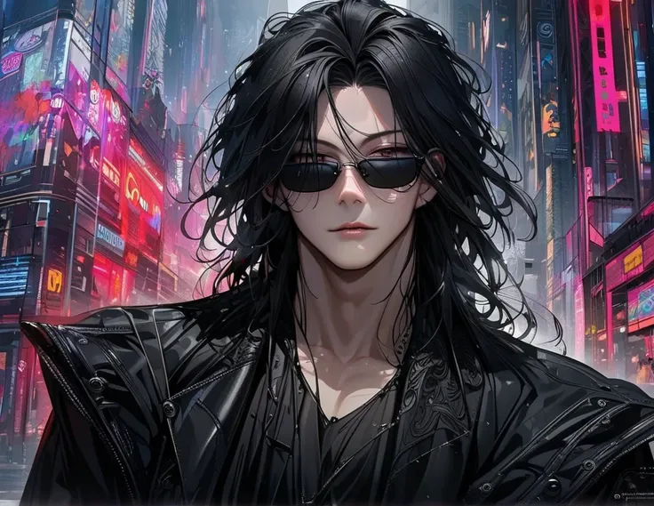  very detailed,  high definition ,  absurd, Tall, high definition , Long face,Large sunglasses, black hair, no bangs ,loose shoulder-length perm hair, Very Short, short hair,modern,only one man ,Very handsome,  black coat