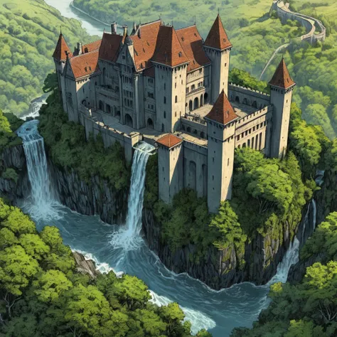 dark heroic fantasy, bold inking, matte painting concept,   view from above  ,  A huge castle  , brutalism , vauban, vegetation, ancient,  waterfall ,  cinematic, directors cut, great story,  in detail, spicy, HD, HDR,  Best quality ,  better resolution, 2...