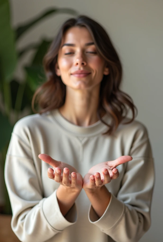 A woman in a jersey with her palms up and spread her hands