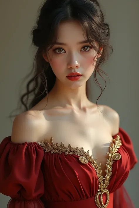 A pale   girl with soft skin and big amber eyes full soft lips and a slightly pointy chin. She is buxom and wears a dark red and golden gown. 