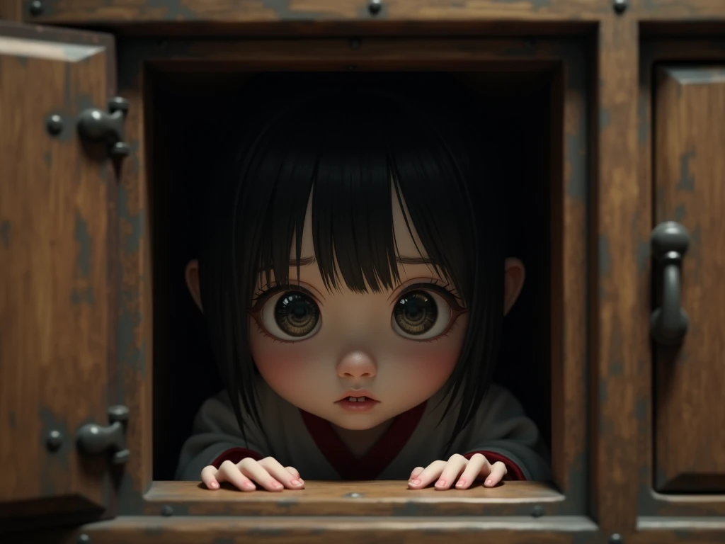 generate a young japaense girl hiding inside a cupboard peeking out in fear, realistic