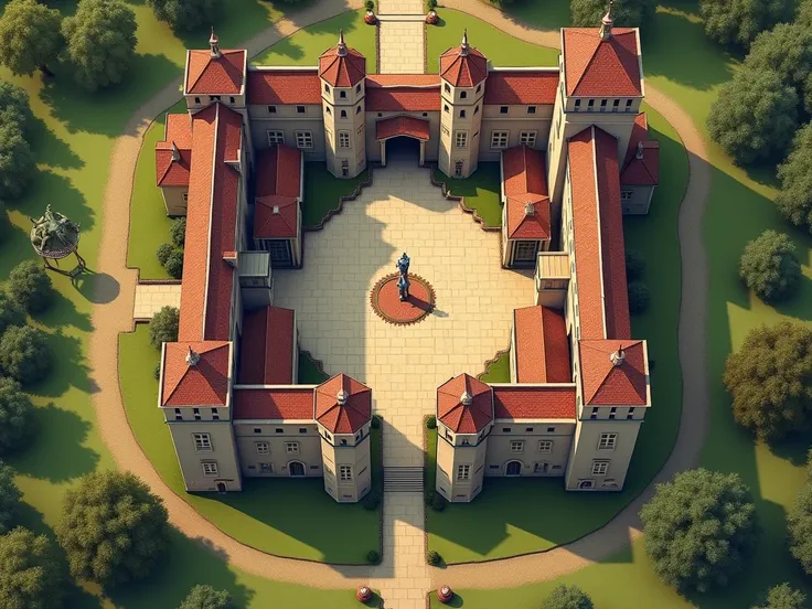 Map of a medieval academy with towers and a large courtyard.  view from above .