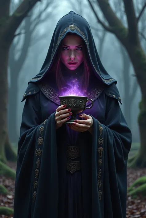 The witch holds a cup in her hand