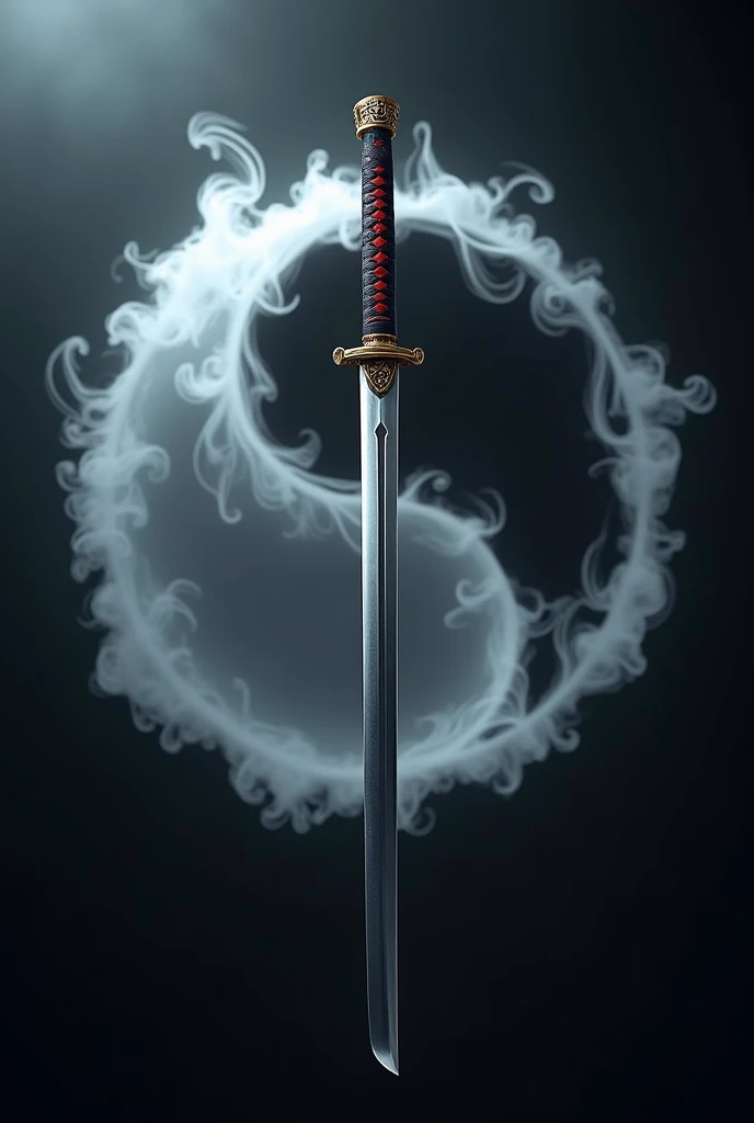 Design of a samurai katana with the yin yang symbol formed with smoke and placed behind the katana