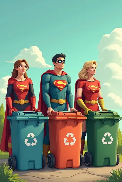 Please help me to make an image where there are several ren dressed as heroes that they are recycling garbage that you can see the containers and give the title HEROES AMBIENTALE and leave a space for a logo